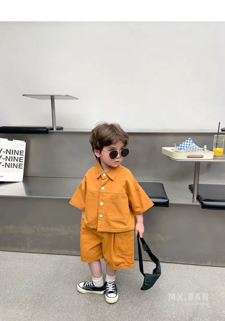 2-9 Y Summer Korean Toddler Boys Baby Handsome Clothes Outfits Kids Boy Cotton Shirt + Shorts 2pcs Sets Fashion Birthday Outfit