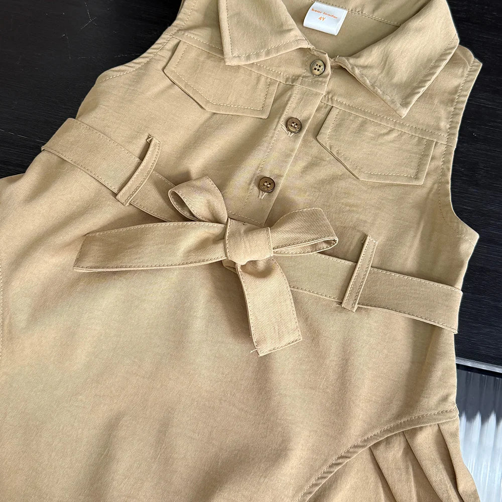 Bear Leader Fashion Girls Windbreak Dresses Summer Sleeveless Work Outfits with Waistband Solid Color Kids Clothes