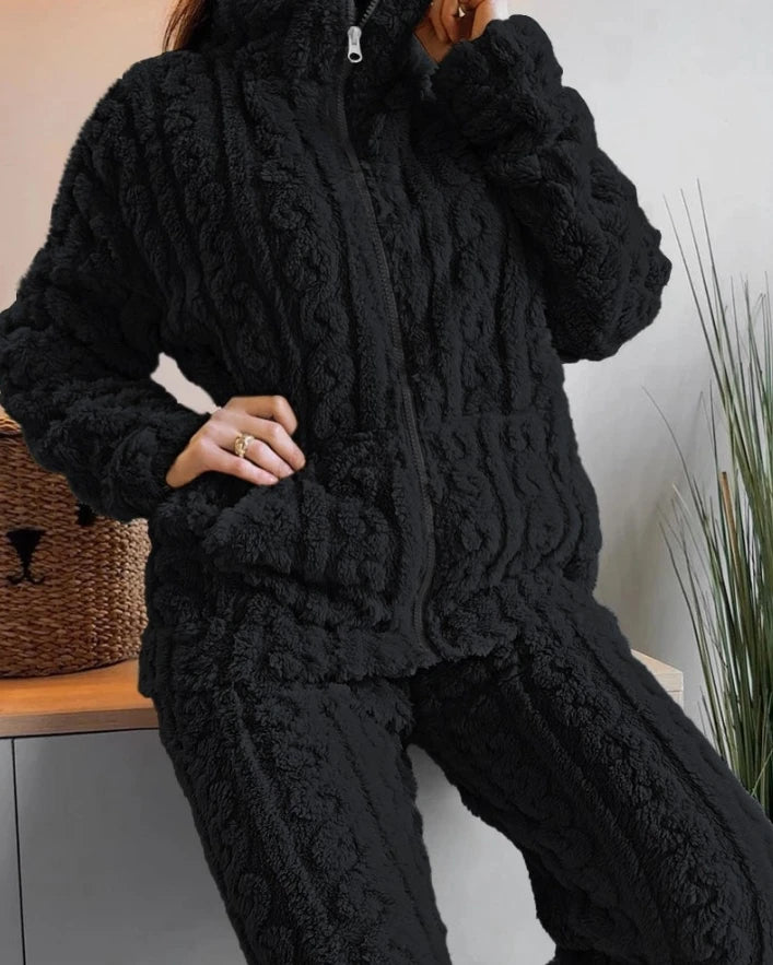 Women's Winter 2 piece sets women outfit Coral fleece pajamas home set Stand Collar Zip Up Fuzzy Teddy Top high waisted Pant Set