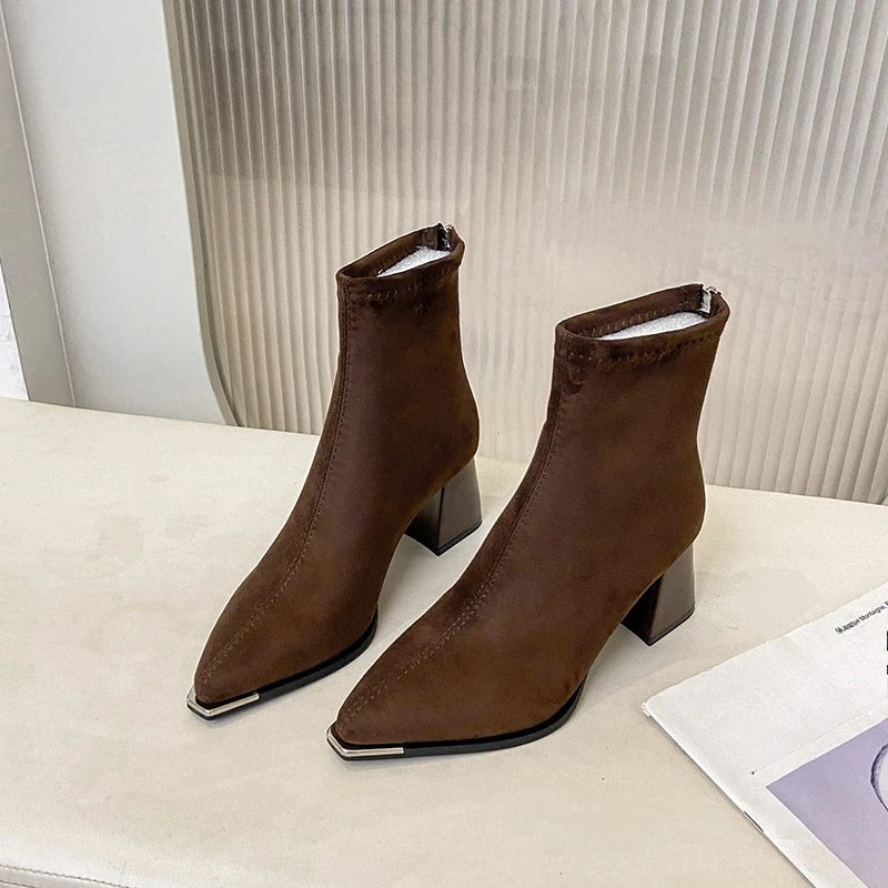 Fashion Pointed Toe Suede Single Boots 2025 New Temperament Block Heel Fashion Boots Booties Women