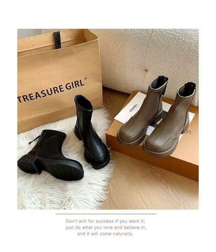 Women's British Chelsea Boots     Black Square-Toe Elastic Booties Side Zip Fringe Winter Shoes Versatile Winter Shoes