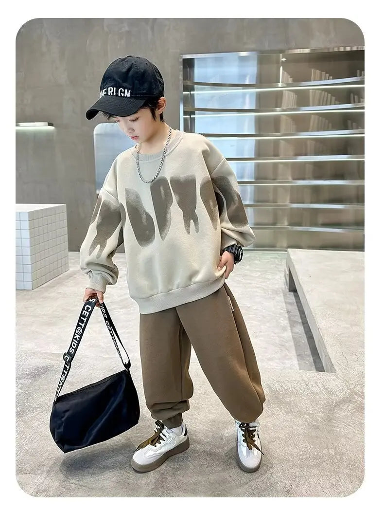 2025  winter autumn Boys Clothes Set cotton loose Sweatshirt hooded + Pants Tracksuits Kids Suit Children 4 8 9 10 11 12 14 Year