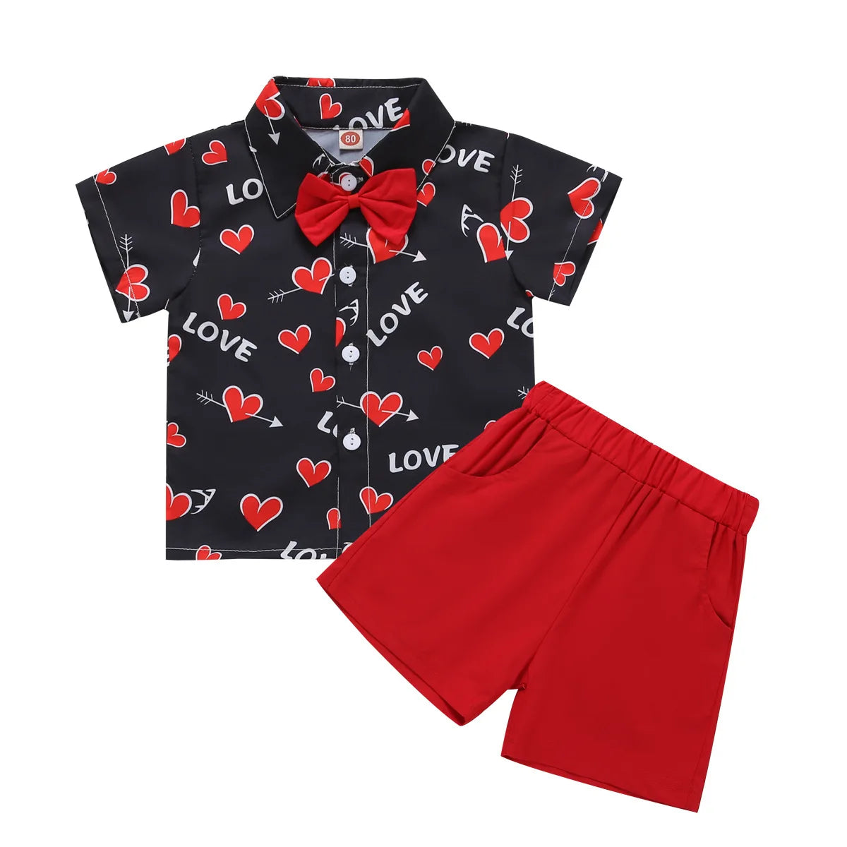 Baby Boys Valentines Day Outfits For Kids Short Sleeve Necktie Heart Print Shirts and Red Shorts Toddler Valentines Day Costumes