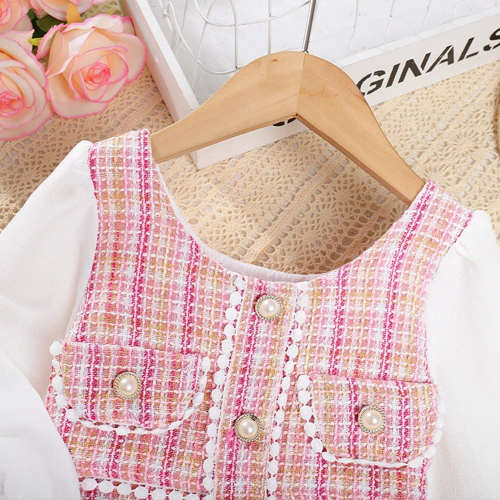 Menoea Girls' Dress 2023 Autumn New Girls' Round Neck Plaid Lace Button Long Sleeve Dress Girls' Fashion Patchwork Dress