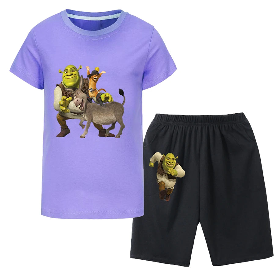 Shrek Child Tracksuit Blouse Short Sleeve Family Matching Clothes Sets for Baby Set for Children From 6 To 12 Years Old Summer