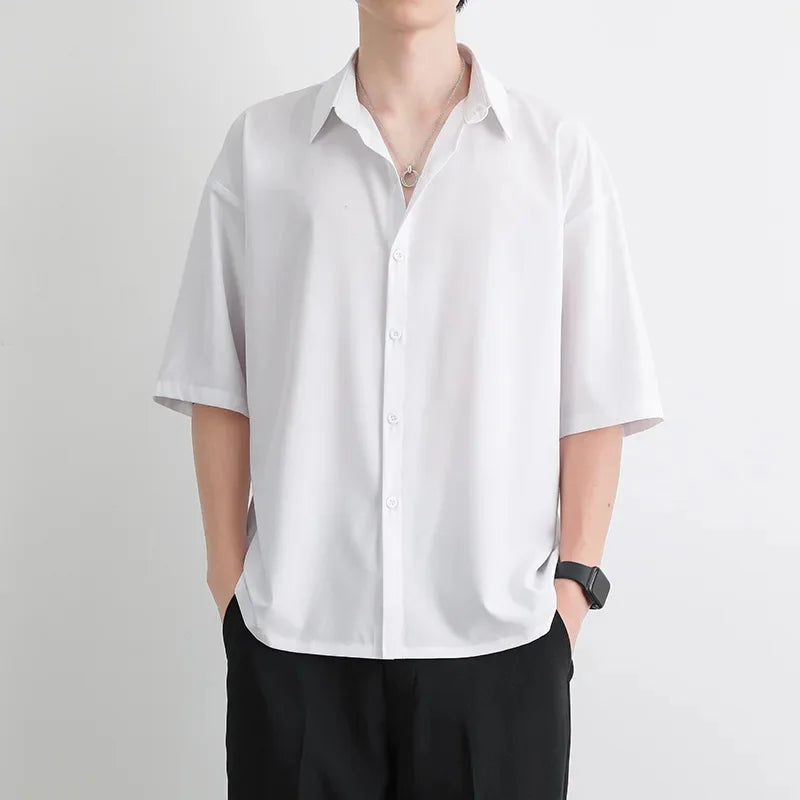 Men's Summer Loose Thin Ice Silk Short Sleeve White Shirt Half Sleeve Open Cardigan Breathable Korean Style Casual Top