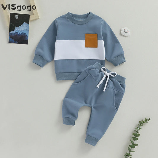 visgogo 0-3Years Baby Boys Clothes 2Pcs Fall Winter Outfits Long Sleeve Contrast Color Pullover Tops and Pants Toddler Tracksuit