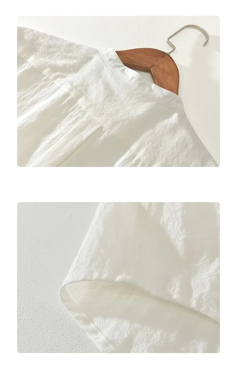 Japanese Style Loose Fit Lightweight Short Sleeve Linen Shirt round Neck Summer Casual Menswear White Cotton Linen Blend