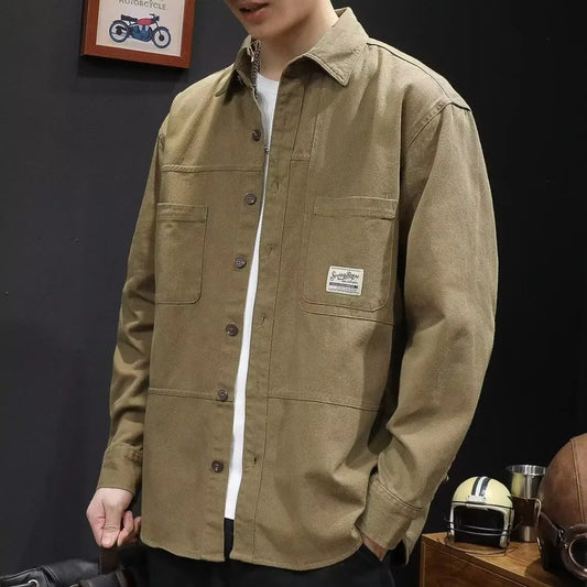 Retro Casual Loose Fit Men's Shirt Long Sleeve Turn-down Collar Fashionable Workwear Jacket Outerwear for Youth