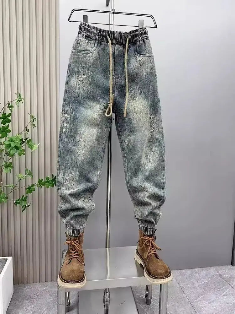 2025 Spring and Autumn Trendy Men's Versatile Cool and Trendy Washed Blue Casual Fashion Drawstring Loose Fit Jeans