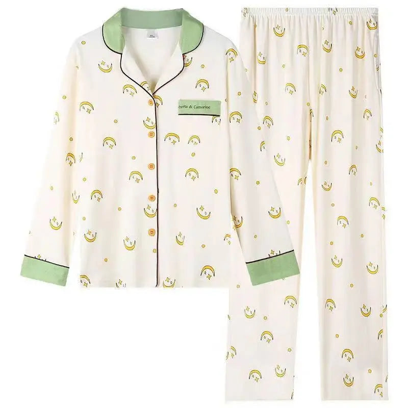 Ladies 100% Pure Cotton Long Sleeve Spring Autumn Lightweight Full Cotton Set Cardigan Sleepwear for Middle-Aged Mothers