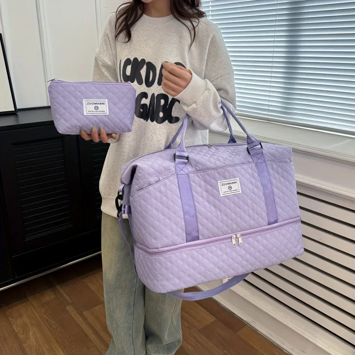 2pcs Set Large Capacity Travel Duffel Bag with Shoe Compartment and Cosmetic Pouch, Casual Nylon Gym Bag, Weekend Overnight Bag