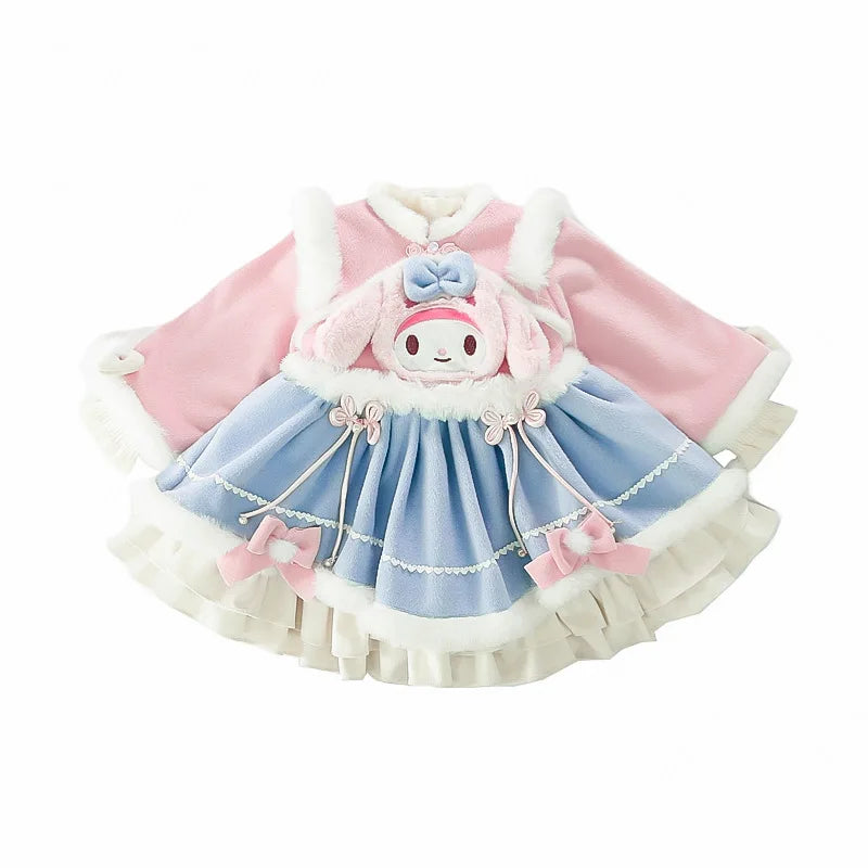 Anime My Melody Lolita Princess Dress Girl Bow Decoration Party Dress Ruffled Tutu Skirt Fleece-Lined Layered Dress Ball Gown