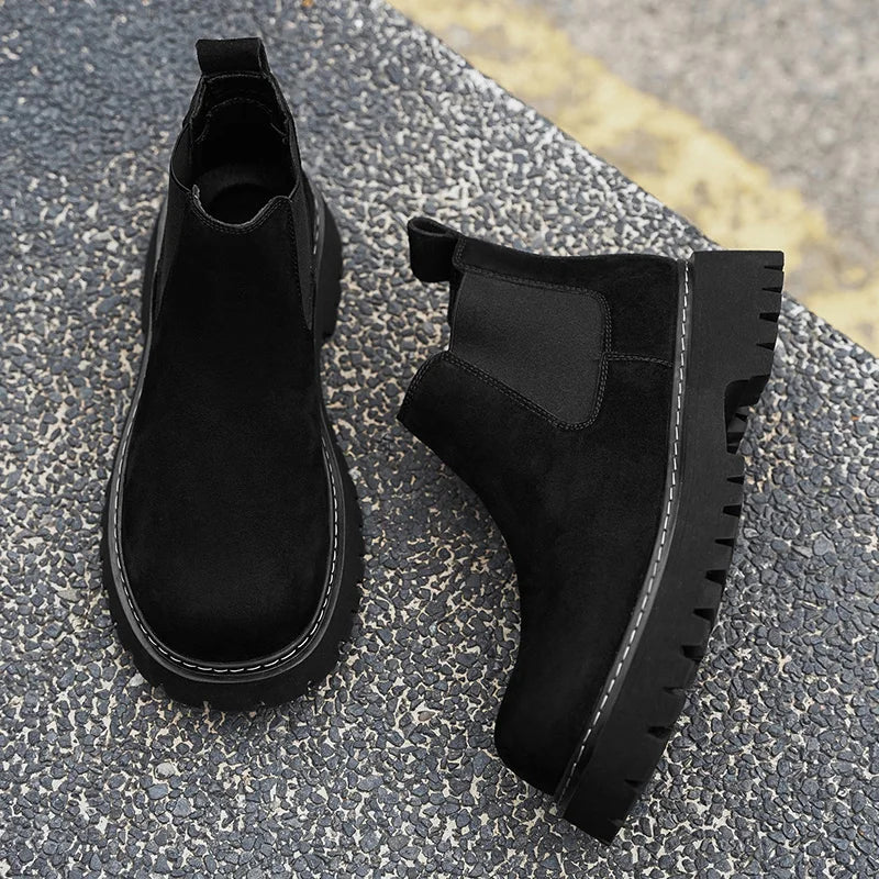 High Quality Fashion Mens Boots Black Boots Fashion Casual British Style Thick Bottomed Mid-top Chelsea Boots Large Size