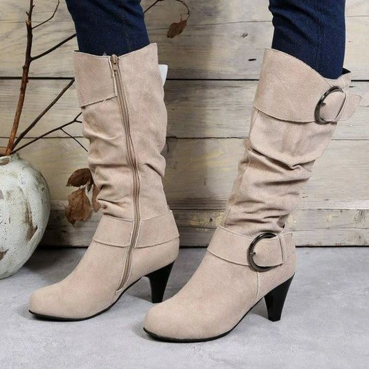 Women's Boots Side Zipper Modern Boots Fashion Pointed Toe Shoes High Heels Suede Mid-Calf Boots Solid Belt Buckle Casual Boot