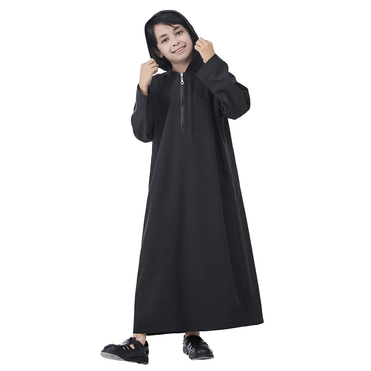 Boys Kids Islamic Muslim Hooded Juba Kaftan Robe Arabian Dubai Qatar Boy Long Sleeve Shirt Abaya Robe Dress Solid Color