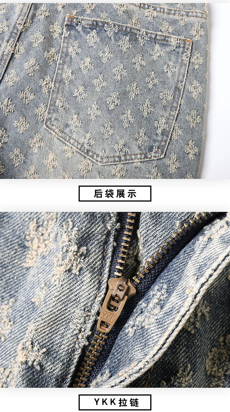 2025 Jacquard Full Print High Street Trendy Brand Ins Design Sense Jeans Loose Straight Tube Washed Wide Leg Long Pants