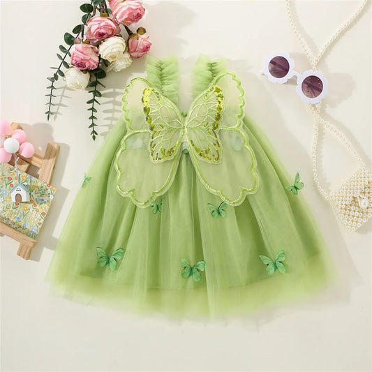 Summer New Girl's Dress Sweet Hanging Strap Butterfly Mesh Cute Back Butterfly Wings Mesh Dress Princess Dress Suitable for 0-3