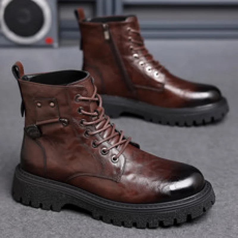 Men's High-Top Boots: British Style Thickened Sole Genuine Leather Indestructible Work Boots, Couple Big Yellow Boots for Men an