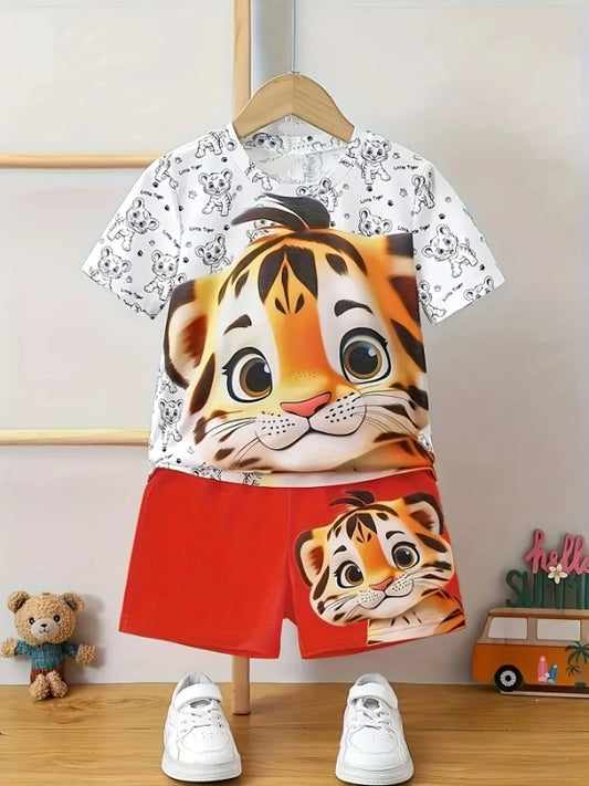 Toddler Tiger Graphic 2-Piece Outfit Set: White Cartoon Tiger T-Shirt + Red Shorts (0-3T) - Cute Kids Summer Casual Clothes