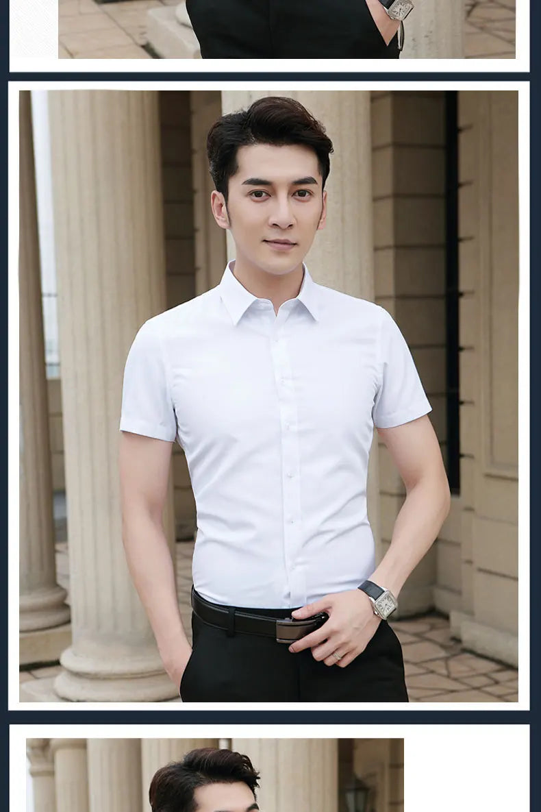 Professional Mens Short Sleeve Shirt White Business Casual Slim Fit Japanese Retro Style Polyester Fiber Printed Shirt for Youth