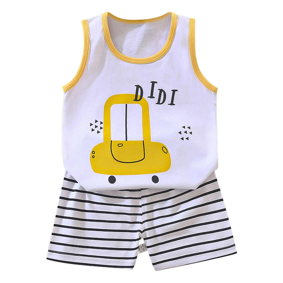 2 Pcs Summer Children's Animal Cartoon Print Vest Sets Girls Clothes Baby Korean Thin Boys Kids Sleeveless Casual Clothing Sets