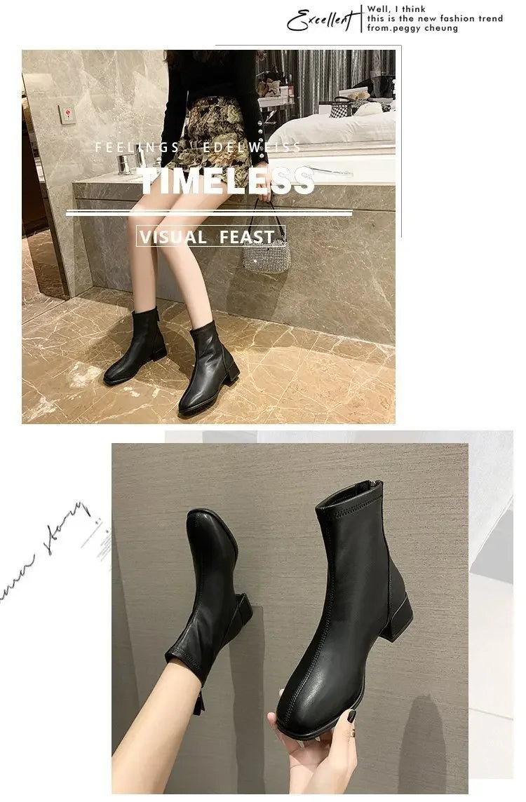 2025 New Elastic Socks Boots Women's Ankle Boots High Heels Thick Heels Square Toe Short Boots Retro Women's Shoes Botas Mujer
