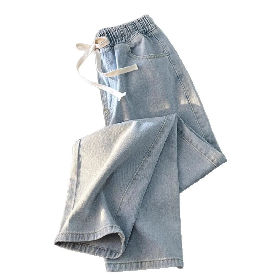 Spring Summer Loose Straight Leg Jeans Women's Versatile Elastic Waist Wide Leg Pants Long Trousers Casual Style High Waist