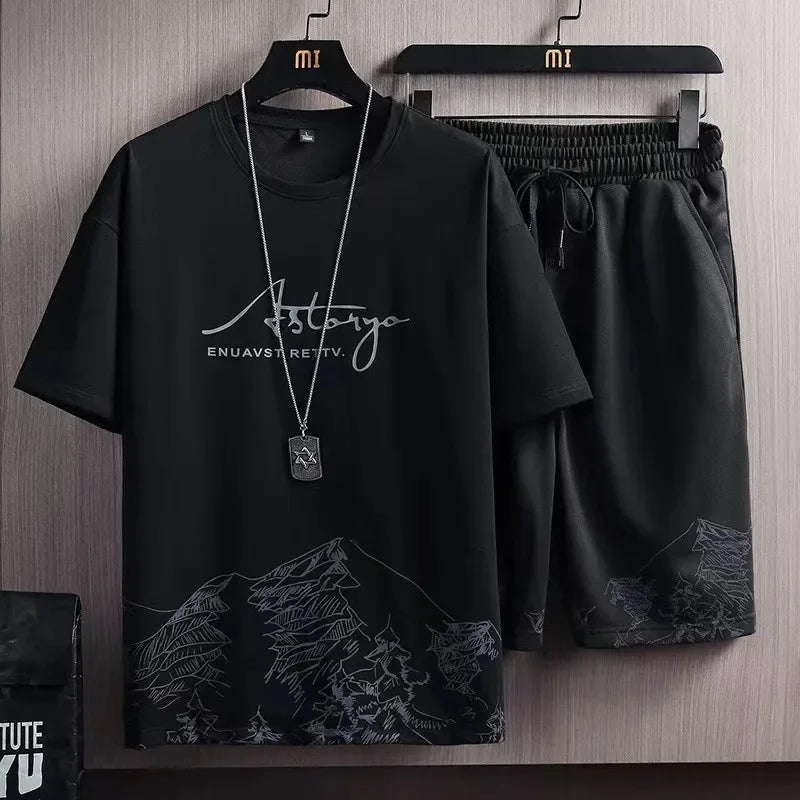 Ice Sensation Printed Summer Short Sleeve T-Shirt Set Men's Loose Basketball Sports Two-Piece Quick Dry Breathable Casual Wear