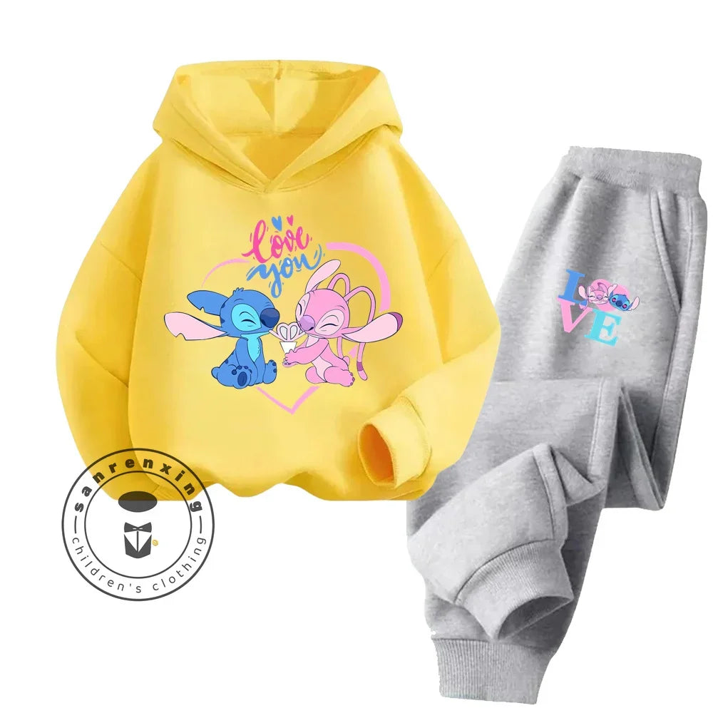 Cartoon Stitch Children Hooded Sweatshirt+Pants Two-piece Set Boy Girl Autumn Winter Daily Outdoor Vacation Warm Soft Sportswear
