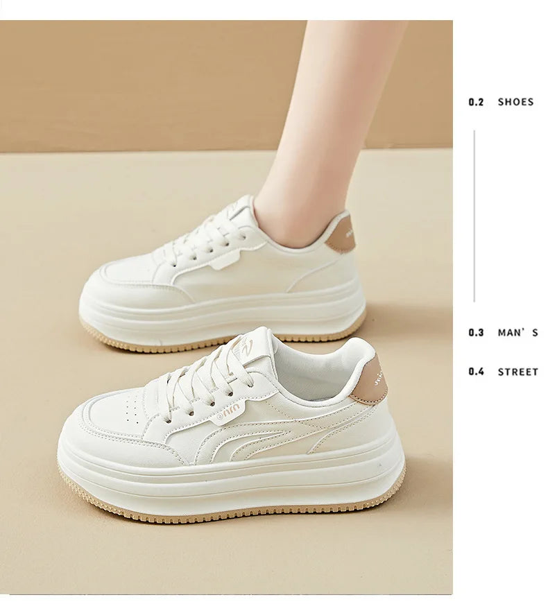 Women's White Shoes2025Autumn New Thick-Soled Platform Shoes Leather Surface All-Season Casual Sports Shoes for Women