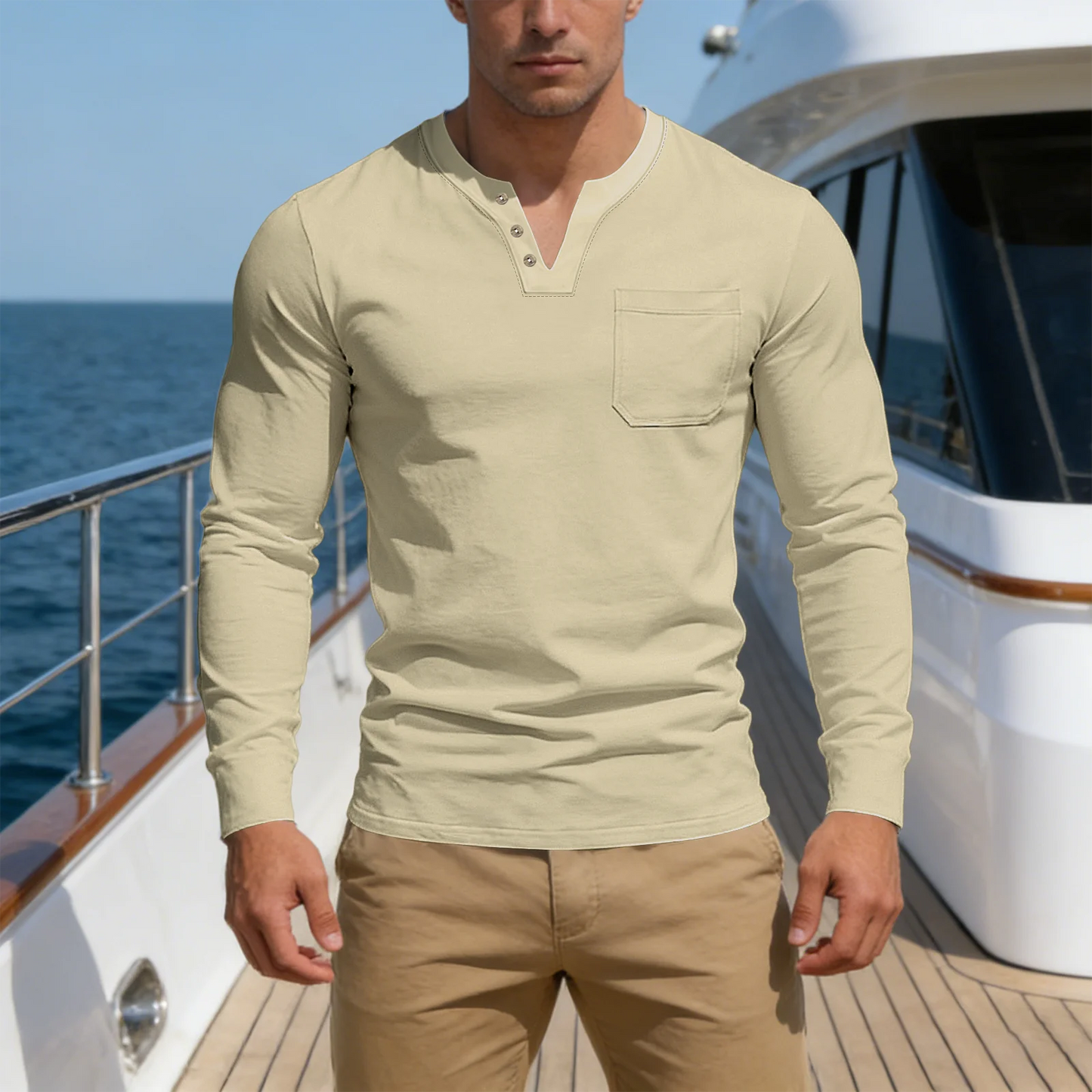 New Spring/Summer Men's Casual V-neck Long sleeved Top with Button Pocket T-shirt Outdoor Versatile Trendy Fashion Men's Top