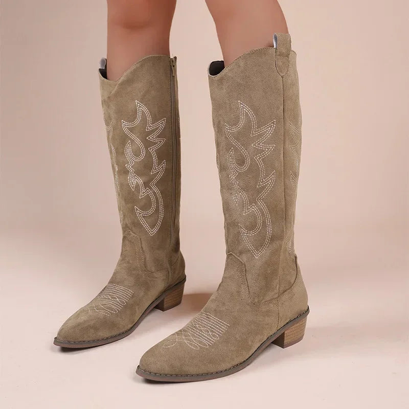 Embroidered Western Cowboy Boots for Women Autumn Pointed Toe Thick Heel High Knee Boots Woman Loose PU Leather Long Botas Mujer