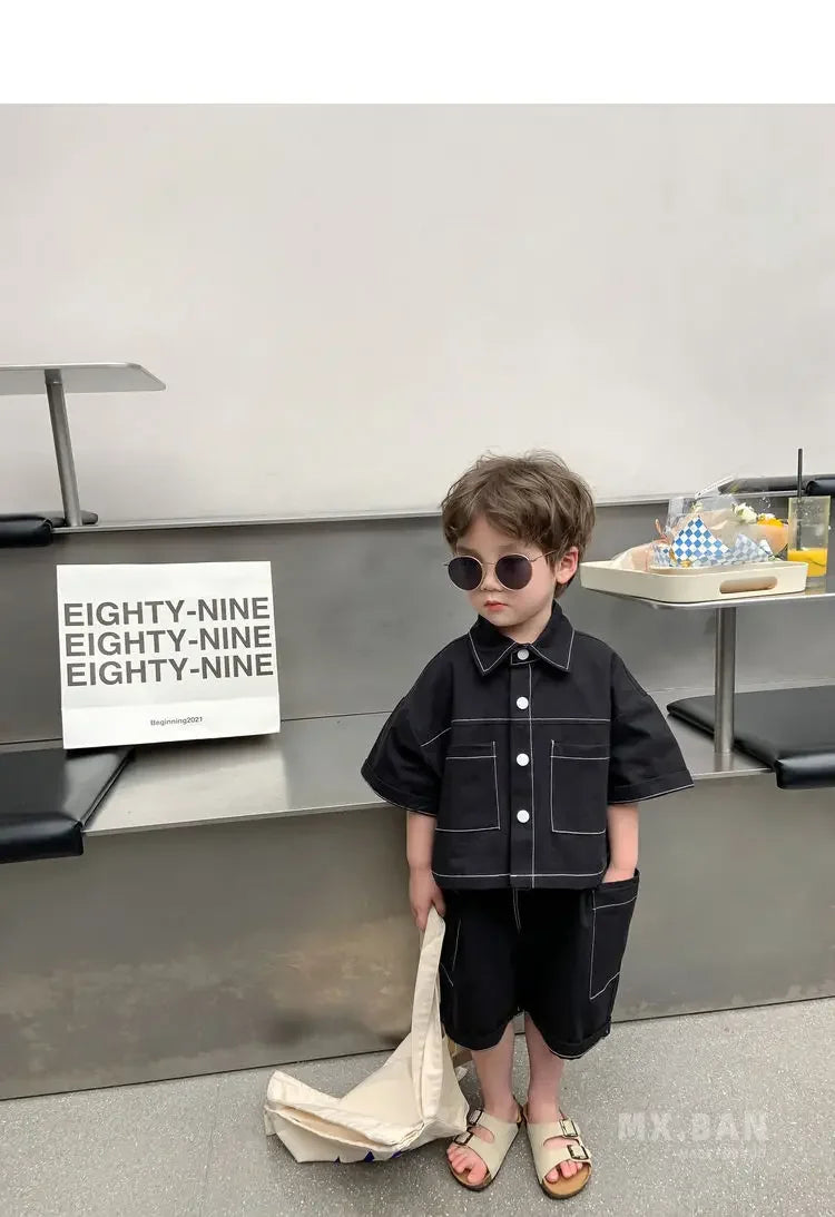 2-9 Y Summer Korean Toddler Boys Baby Handsome Clothes Outfits Kids Boy Cotton Shirt + Shorts 2pcs Sets Fashion Birthday Outfit