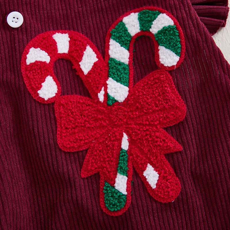 Baby Girl Christmas Overall Romper Casual Candy Cane Embroidery Corduroy Jumpsuit and Headband Set Fashion Clothes Outfits