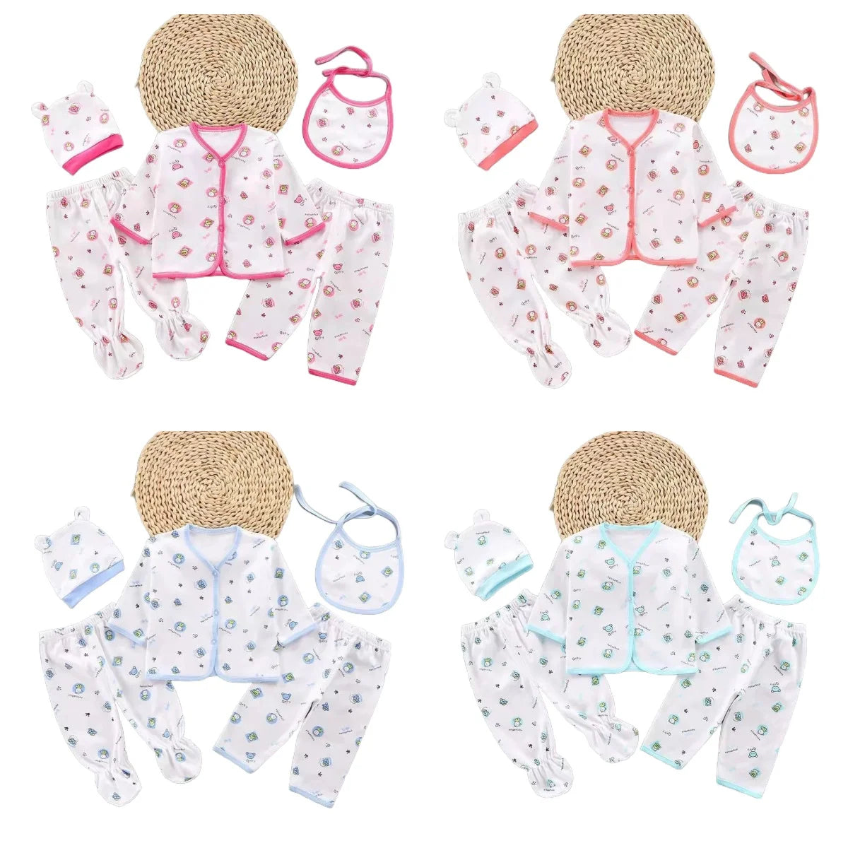 5Pcs/Set Newborn Baby Girl Clothes Set Cotton Soft Underwear Infant Boy Outfit Children Girl Top+2Pant+Bib+Hat Toddler Clothing