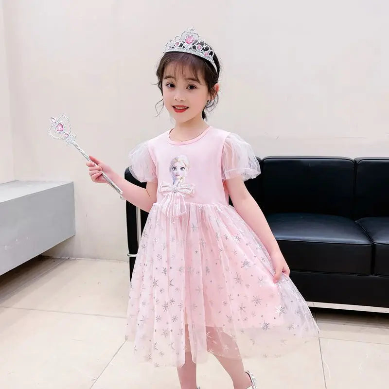 New Disney Girls DressShort Sleeve Kids Clothes  Princess Dresses Frozen Elsa Party Baby Dresses for Children Clothing