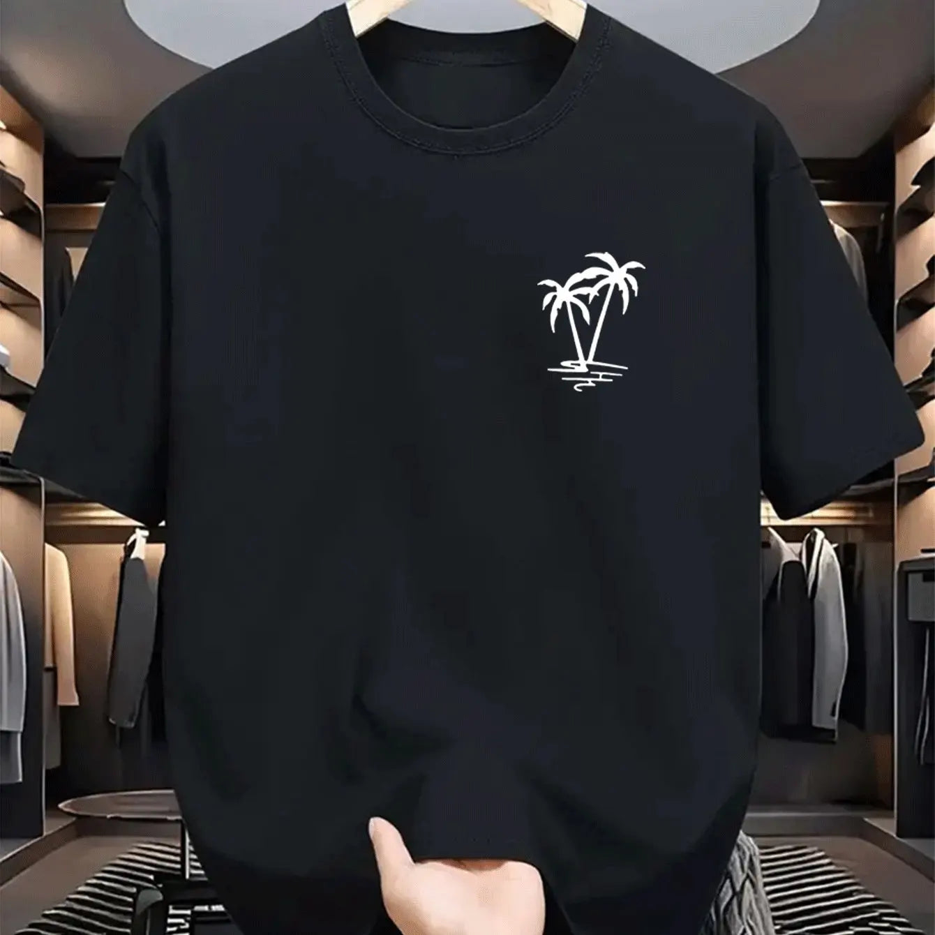 Men's summer  cotton fashionable casual loose coconut tree pattern printed sports round neck short sleeved T-shirt top