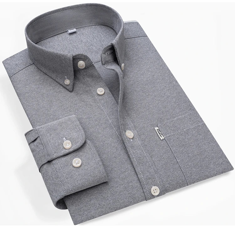 Men's Hard-wearing Comfortable 100% Cotton Long Sleeve Dress Shirt with Pocket, Spring Autumn Casual Oxford Button-Down Shirts