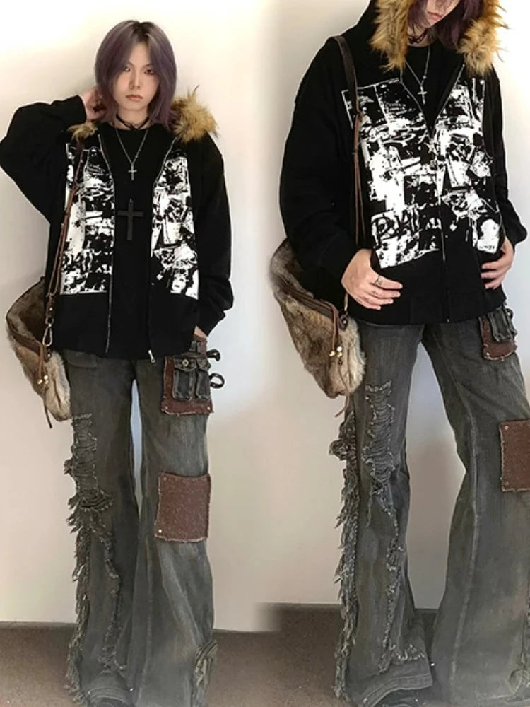 Subculture Vintage Faux Fur Hooded Women Casual Y2k Clothing Korean Fashion Sweatshirts Harajuku Gothic Printed Coats Jackets