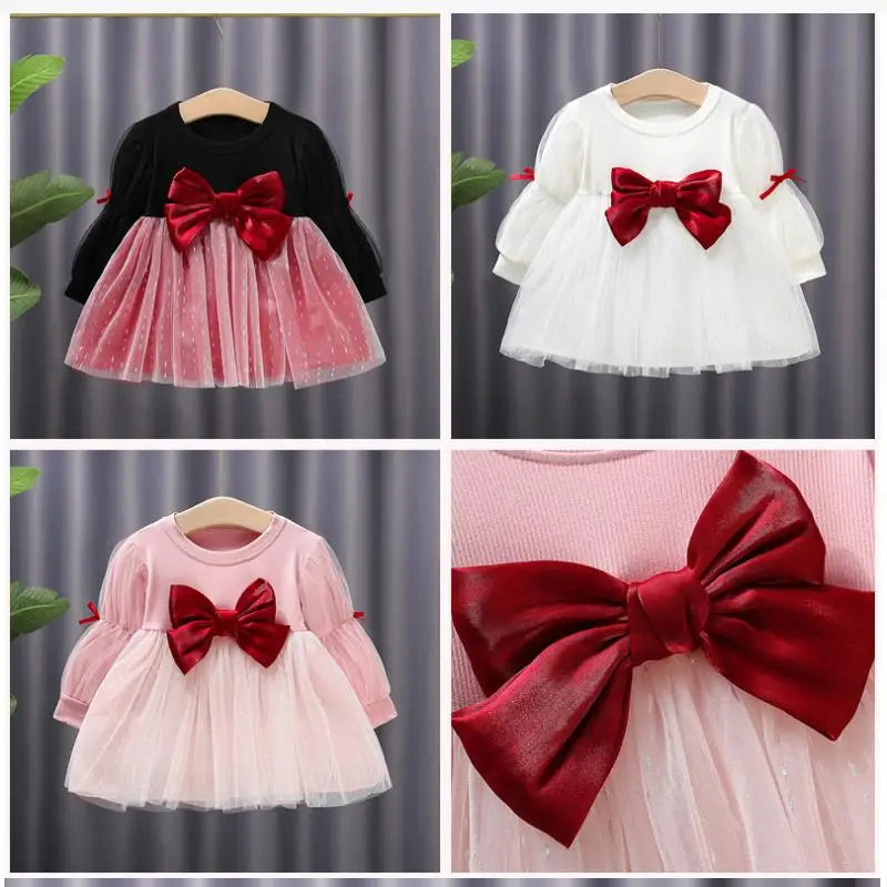 Children's Korean version dress girls' spring and autumn fashion long sleeved bow mesh dress baby's birthday dress 0-4Y