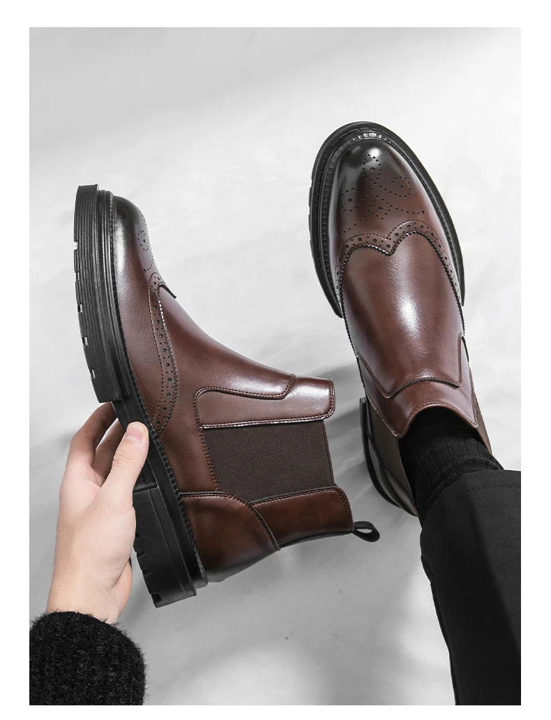 Men's riding boots British-style retro brogue carved high-top leather shoes men's casual leather shoes thick-soled leather boots