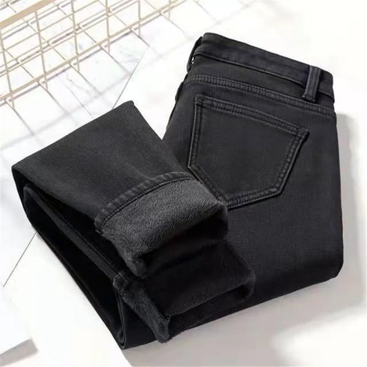 Slimming Fleece Lined Harajuku Style Women's Jeans High Waist Skinny Casual Thickened Cotton Denim Pants Korean Fashion