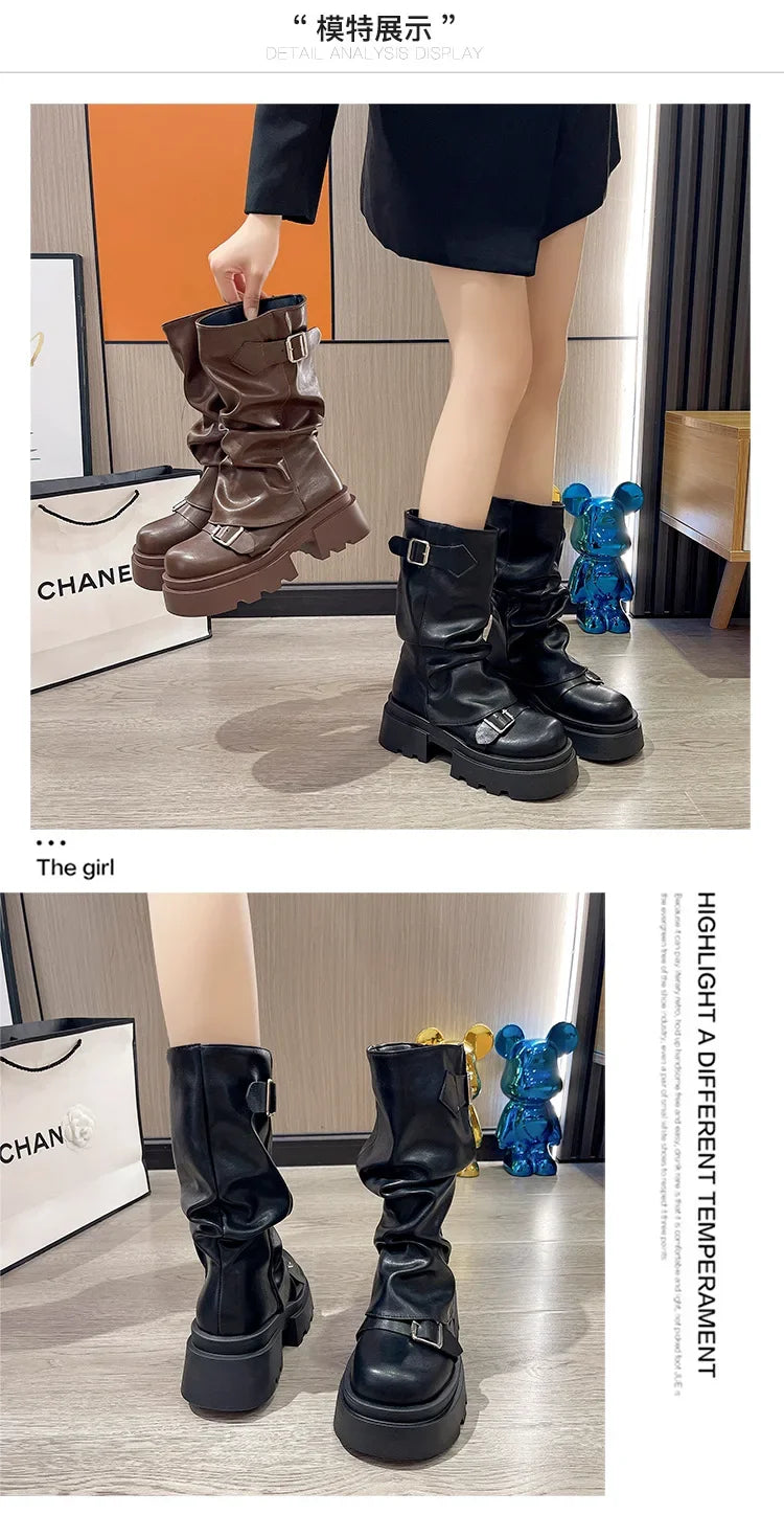 Women's Boots Brown Maillard Retro New Spring Autumn Height Increasing Comfortable Anti Slip Fashion Belt Buckle Boots 2025