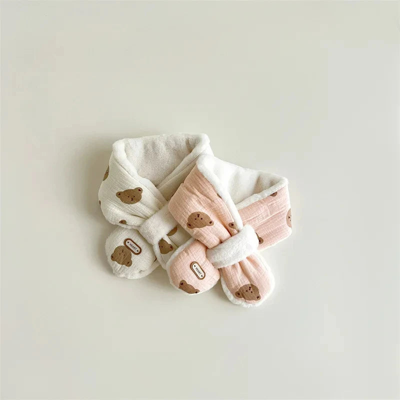Cute Bear Baby Scarfs Winter Fleece Neck Warmer Cross Scarves for Girls Boys Toddler Kids Warm Accessories Korean 1-6 Years Old