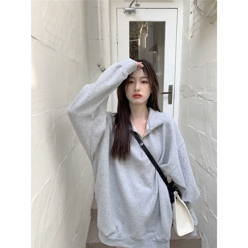 Gray Sweatshirt Women's Loose Polo Collar Lazy Style Autumn Winter New Arrival Missing Bottom Outerwear Long Length Female