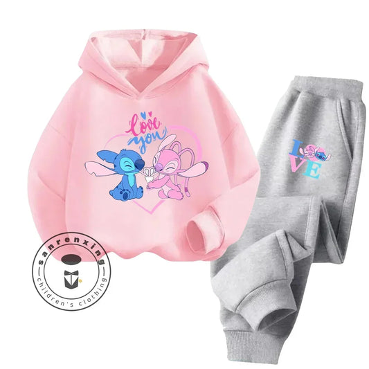 Cartoon Stitch Children Hooded Sweatshirt+Pants Two-piece Set Boy Girl Autumn Winter Daily Outdoor Vacation Warm Soft Sportswear