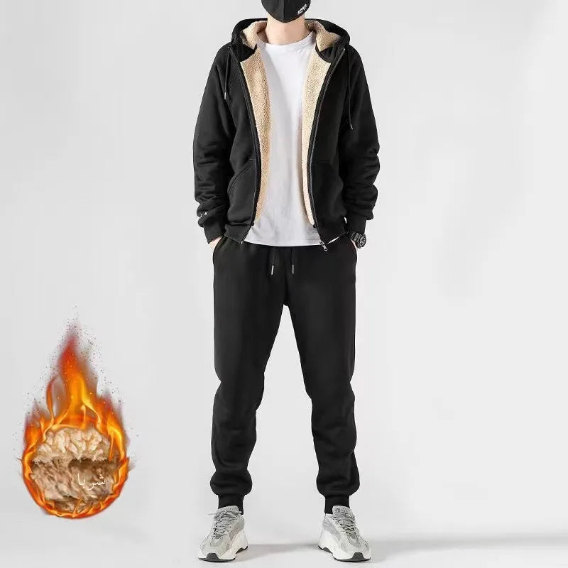 Men's Winter Lamb Velvet Sports Set Thiened Casual Sweatirt Pants Two-Piece Suit Warm Cozy Leisure Wear Long Sve