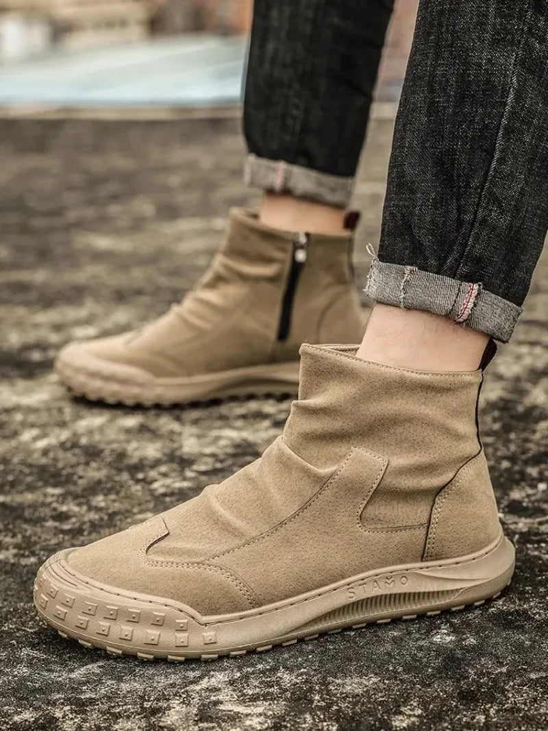 Boots for Men Retro Side Zipper Men's Ankle Boot Pleated Designer Men Boots  Outdoor Non Slip Workwear Booties Botas Para Hombre