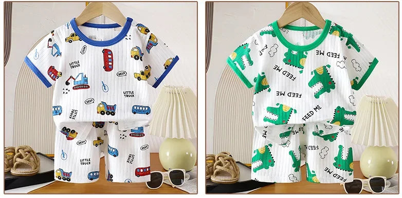 Kids Summer Pure Cotton Clothing Sets Boys Girls Cute Cartoon Short Sleeve T-Shirt Tops with Shorts Toddler Baby Casual Pajamas